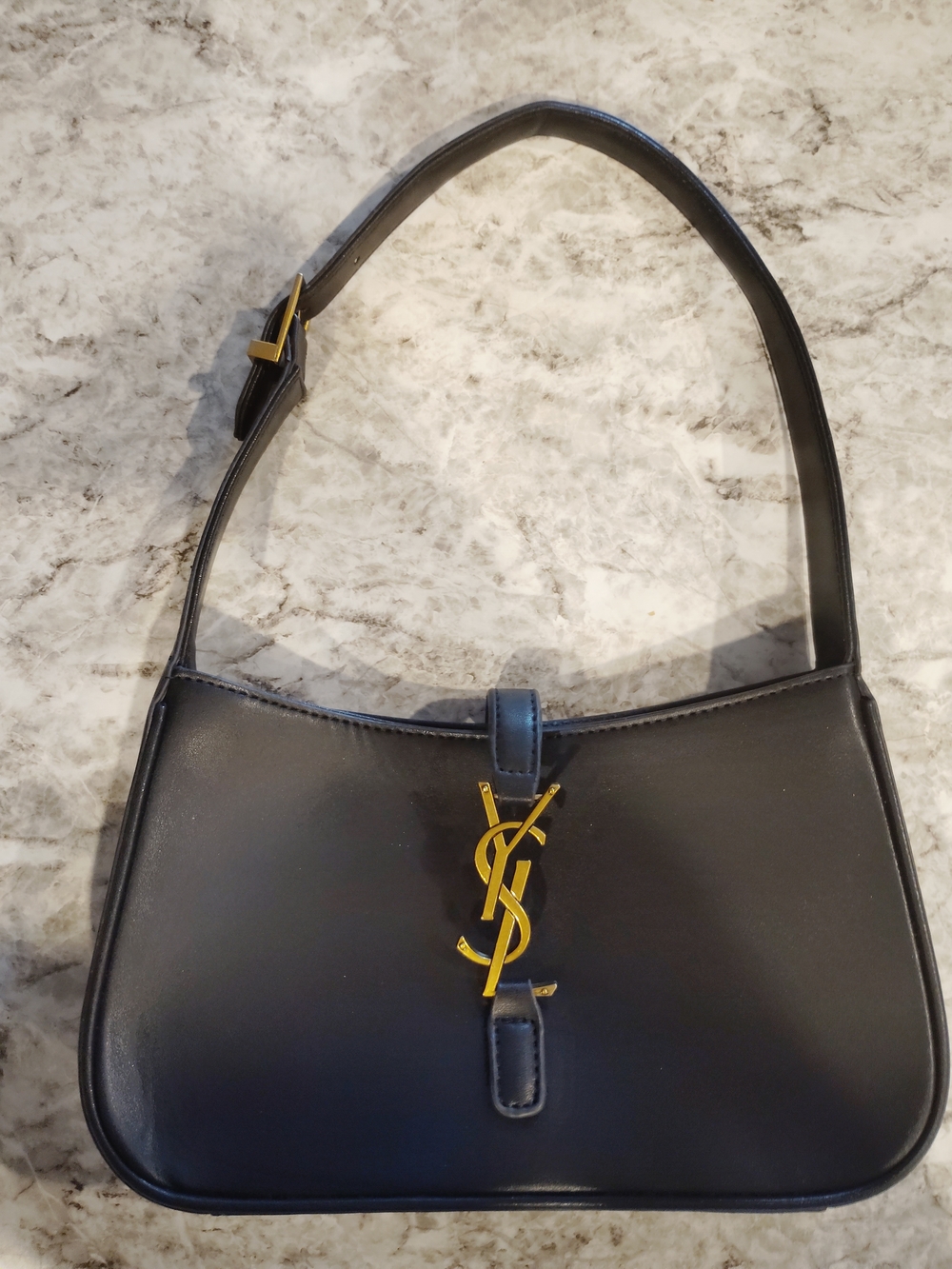 Saint Laurent Black Leather Shoulder Bag with Gold Logo Accent